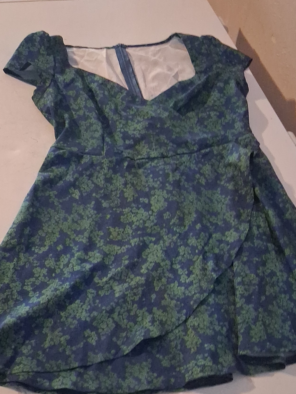Blue & Green Floral Wrap Dress Short Sleeve Size L - Picture 2 of 4